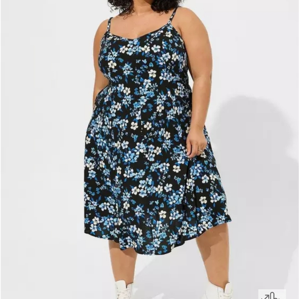 Torrid Blue Midi Challis Sleeveless Trapeze Dress